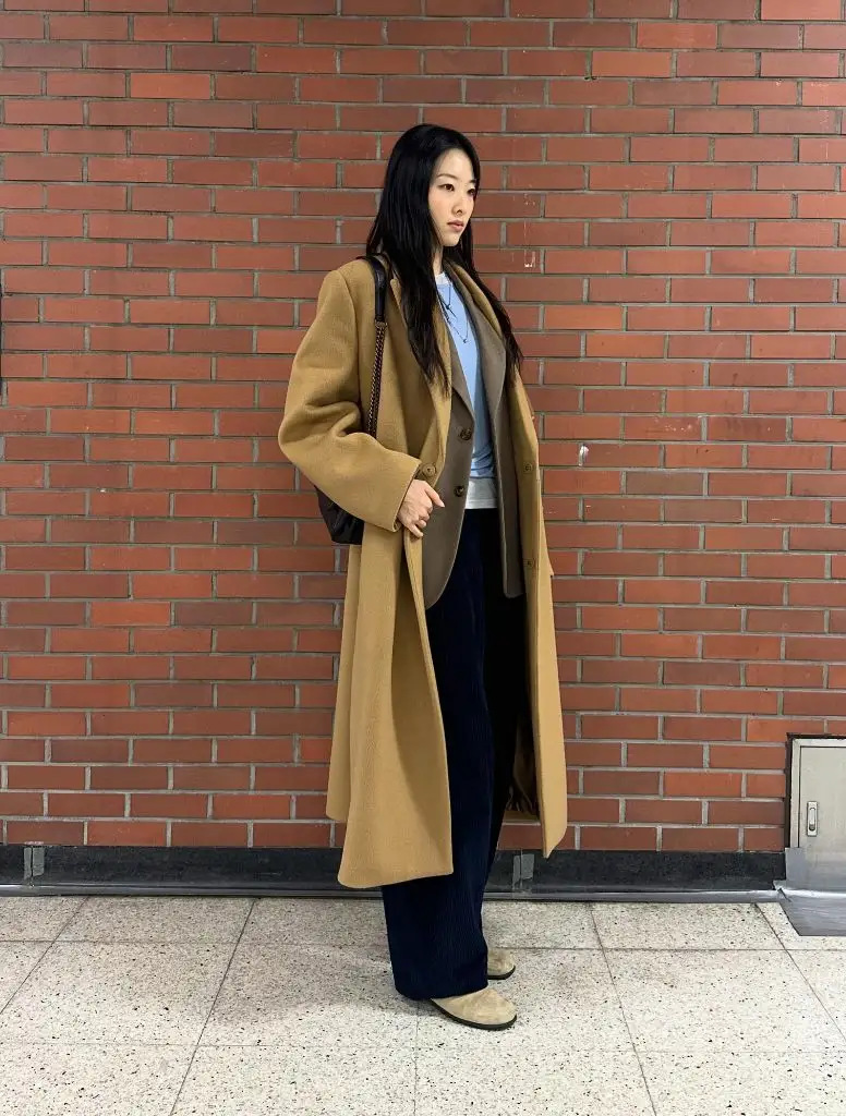 Nice Fall Outfits 2026 Camel Wool Coat Over Corduroy Trousers for Layered Warmth