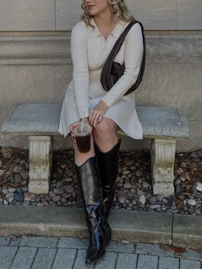 Fall Sweater Dress Outfits 2026 Cream Polo Knit Dress With Knee-High Boots for Coffee Dates
