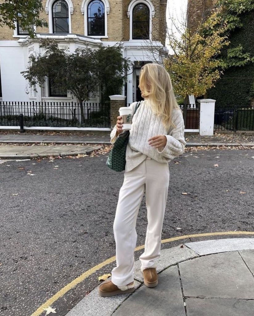 Fall Classy Outfits Women 2026 Chunky Cable Knit and Cream Trousers for Crisp Sidewalk Strolls