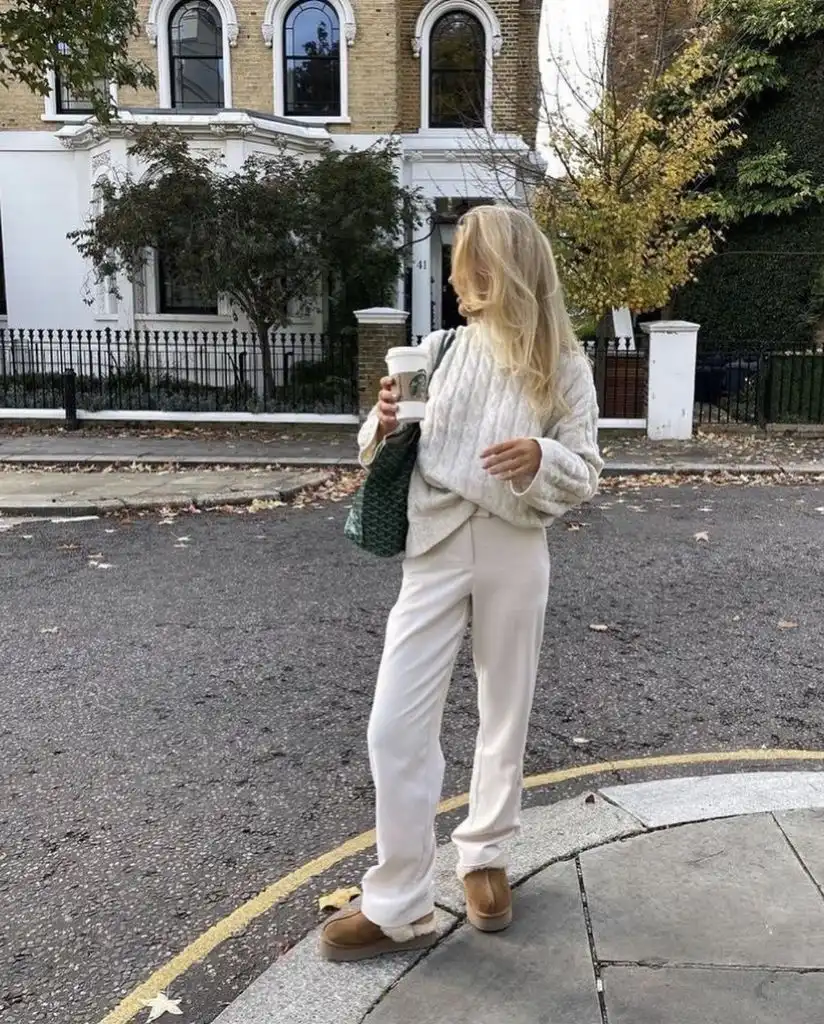 Fall Classy Outfits Women 2026 Chunky Cable Knit and Cream Trousers for Crisp Sidewalk Strolls