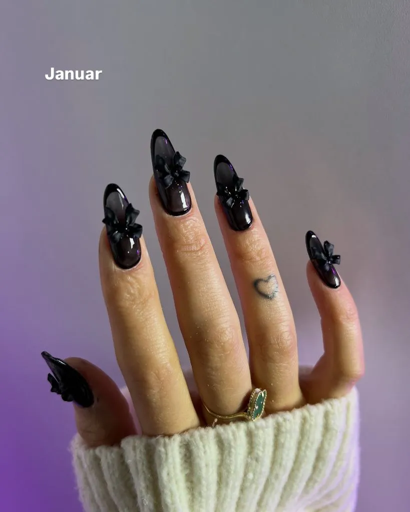 August Nails Color 2026 Glossy Black 3D Bow Nails for a Dramatic January-to-August Crossover
