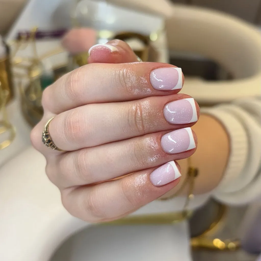 August Nails Ideas 2026 Classic French Tip on Short Square Nails With a Shimmer Base