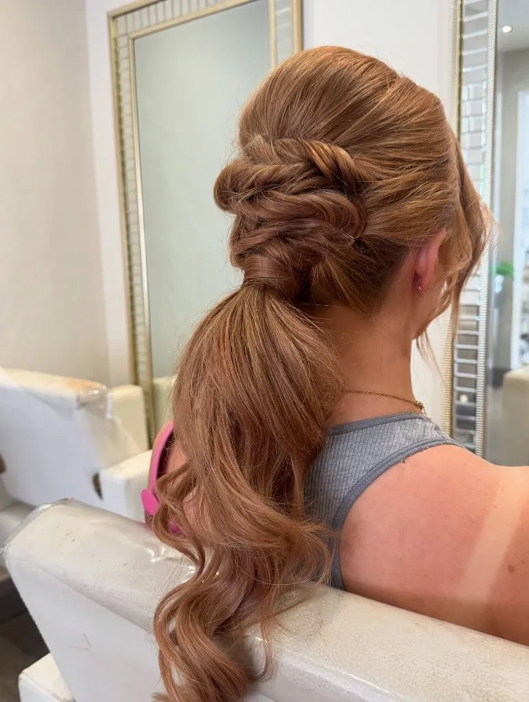 Fall Hairstyles for Office 2026 Braided Crown Ponytail with Copper Warmth and Curled Ends