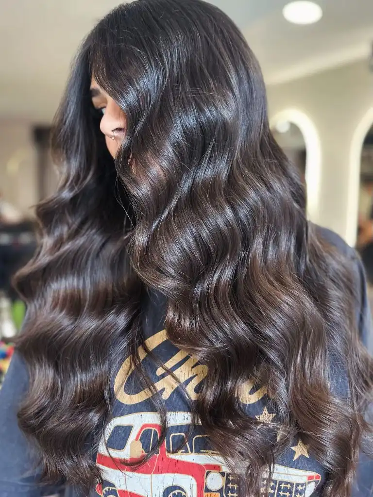 August Hairstyles And Color Ideas 2026 Glossy Dark Chocolate Long Layers With Mirror Shine