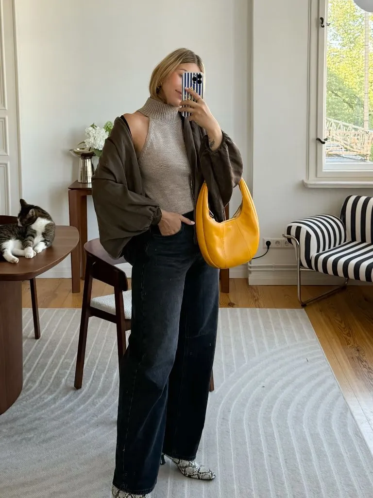 Fall Classy Outfits Women 2026 Taupe Halter Knit and Bomber for Kitchen-Mirror Selfies