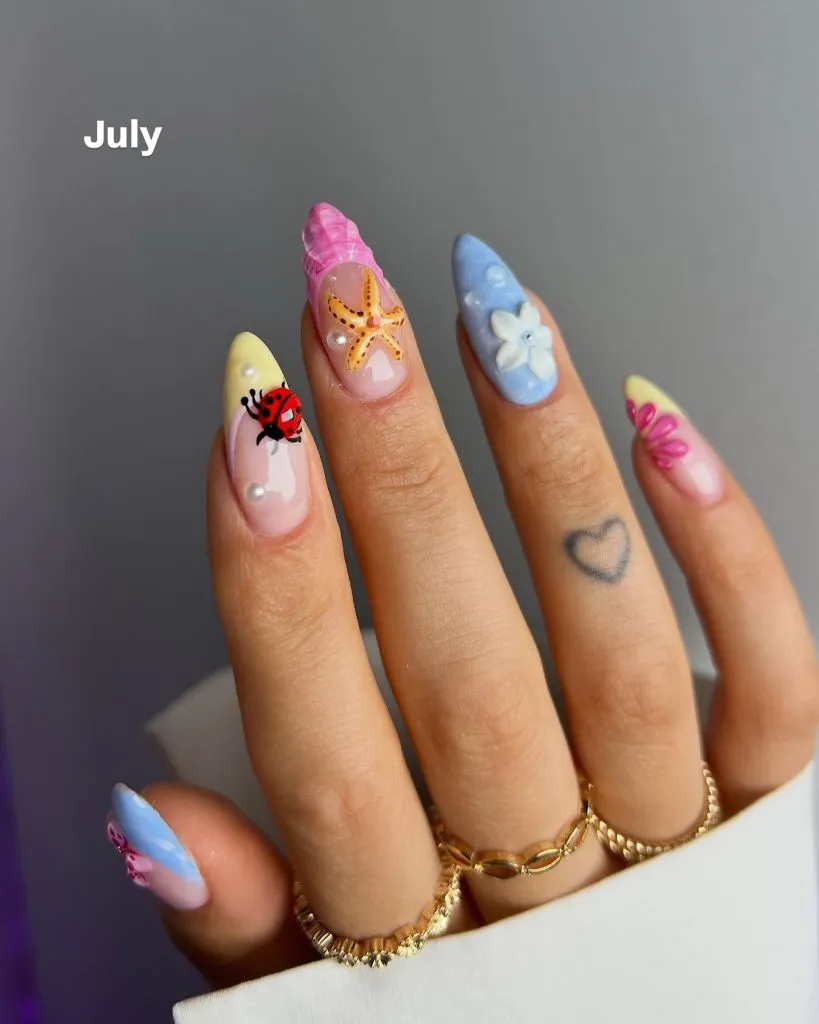 August Nails Color 2026 Colorful Summer Beach Nails With Starfish and Ladybug Details for July-Into-August Fun