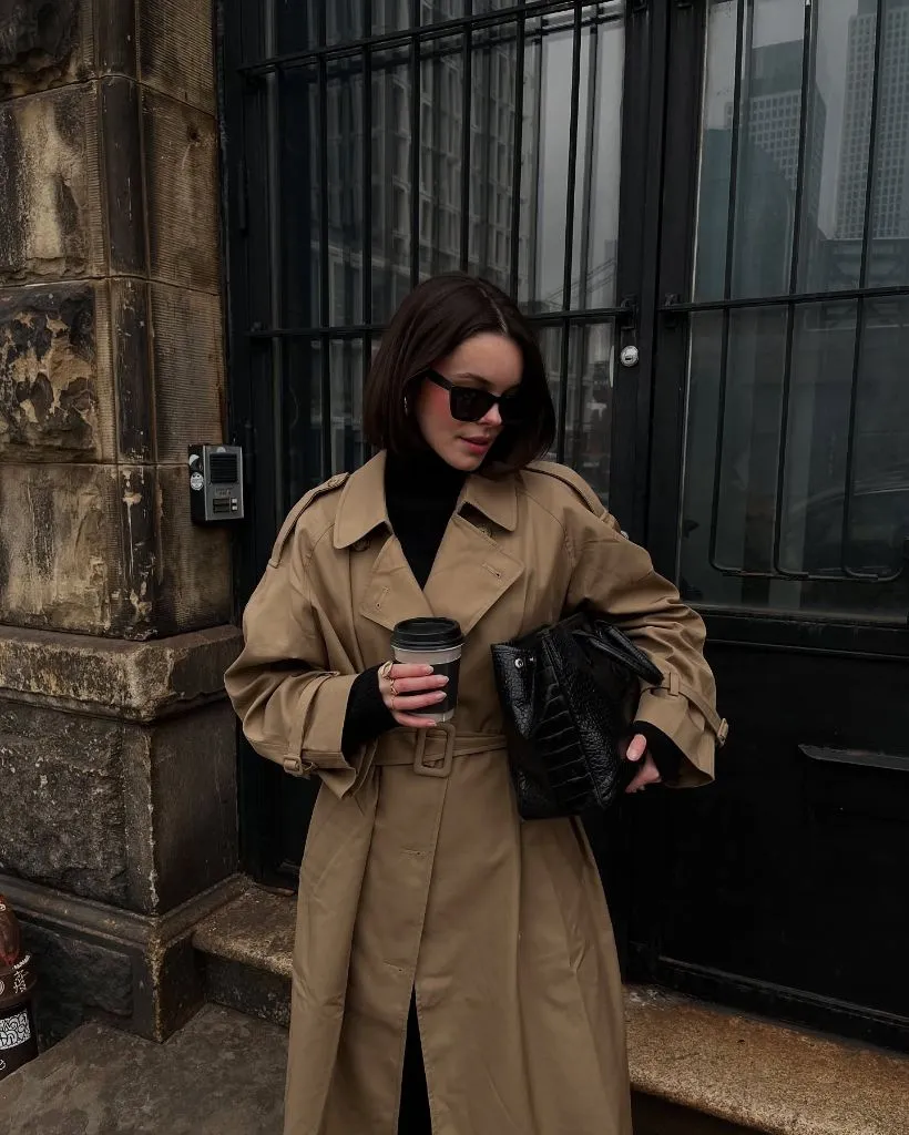 Coat Fall Outfits 2026 Camel Belted Trench With Black Turtleneck and Coffee