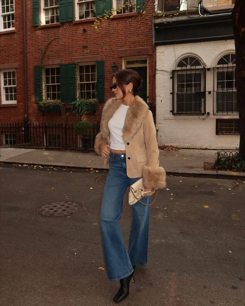 Wide Leg Jeans Outfit Fall 2026 Tan Fur-Trimmed Jacket With Mid-Wash Wide Leg Jeans