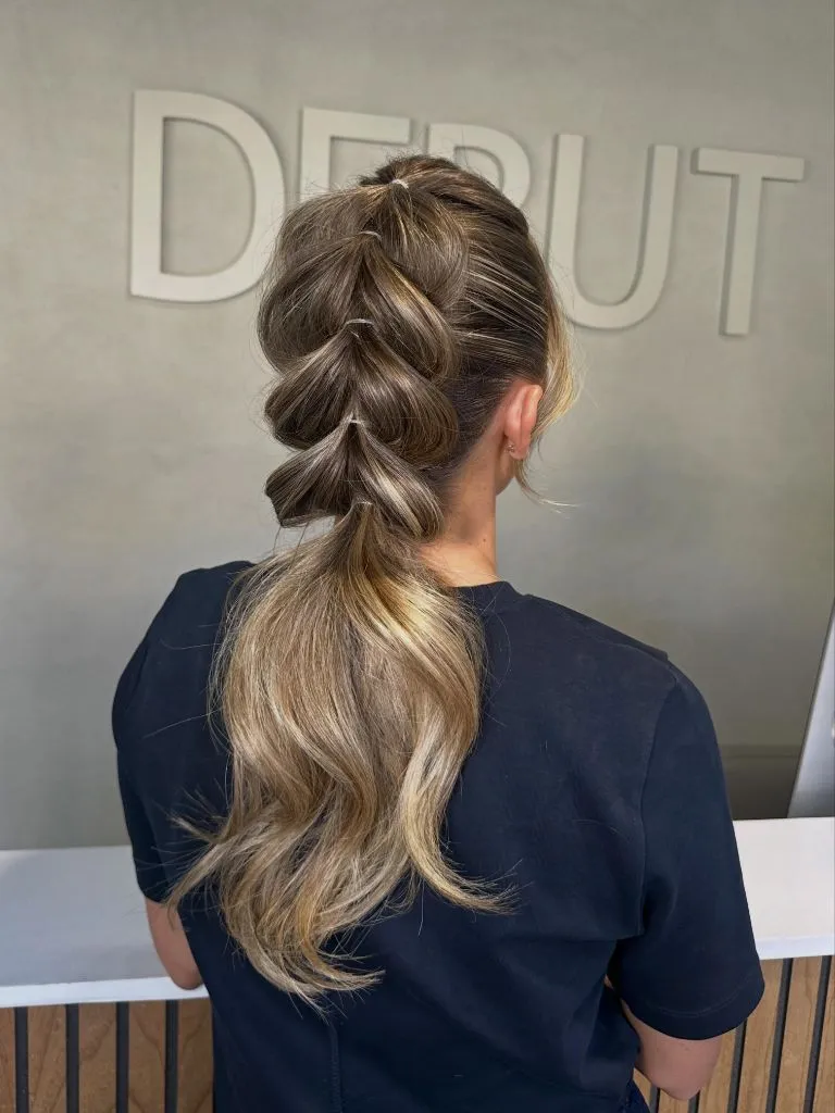 Fall Hairstyles for Office 2026 Pull-Through Braid Ponytail with Voluminous Texture