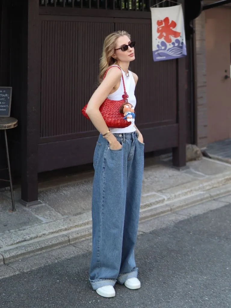 Wide Leg Jeans Outfit Fall 2026 Relaxed White Tank With Baggy Wide Leg Jeans