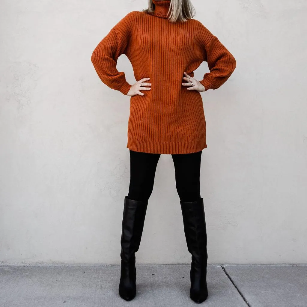 Fall Sweater Dress Outfits 2026 Rust Ribbed Turtleneck Mini With Black Boots for Bold Fall Color