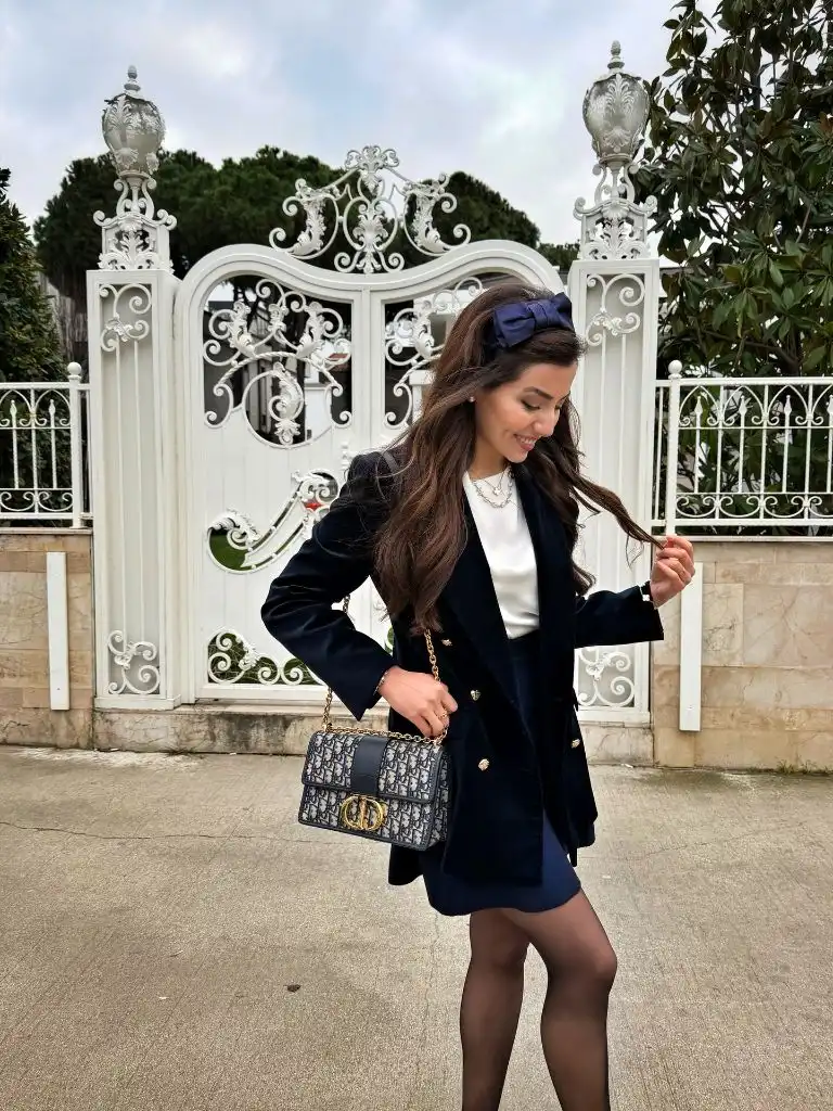 Fall Classy Outfits Women 2026 Navy Velvet Blazer Dress and Bow for Gated-Garden Portraits