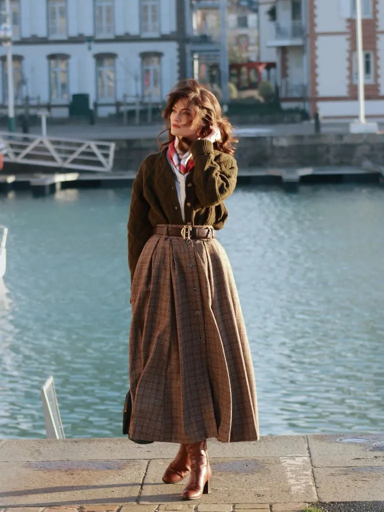 Midi Skirt Fall Outfit 2026 Olive Cable-Knit Cardigan Over Plaid Button-Front Midi Skirt