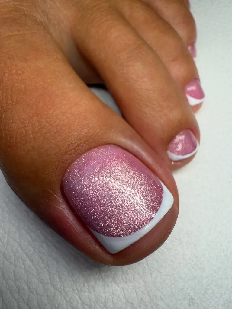 August Toe Nails 2026 Shimmer Pink French Tip Pedicure With a White Edge
