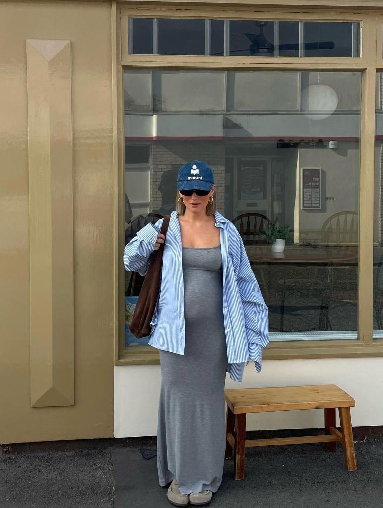 Fall Pregnancy Outfits 2026 Grey Maxi Dress With a Blue Striped Oversized Shirt