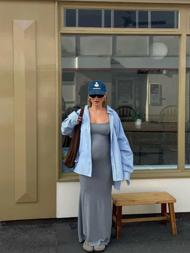 Fall Pregnancy Outfits 2026 Grey Maxi Dress With a Blue Striped Oversized Shirt