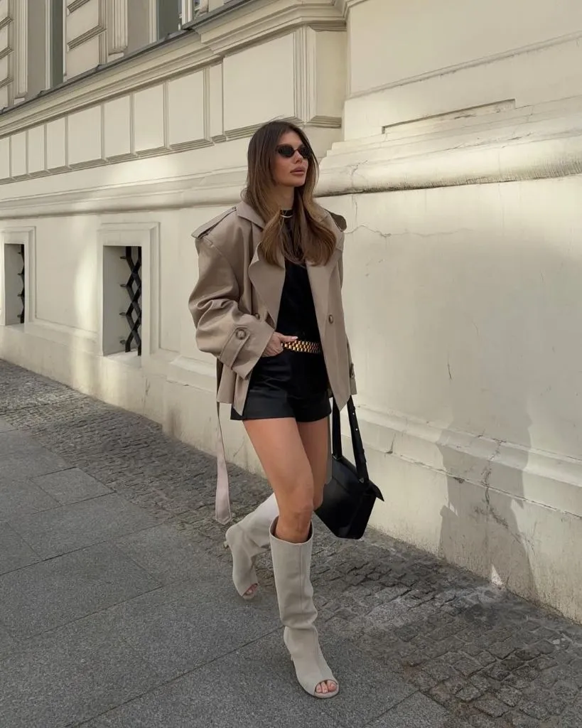 Fall Outfits With Peacoat 2026 Beige Peacoat With Leather Shorts and Knee-High Boots