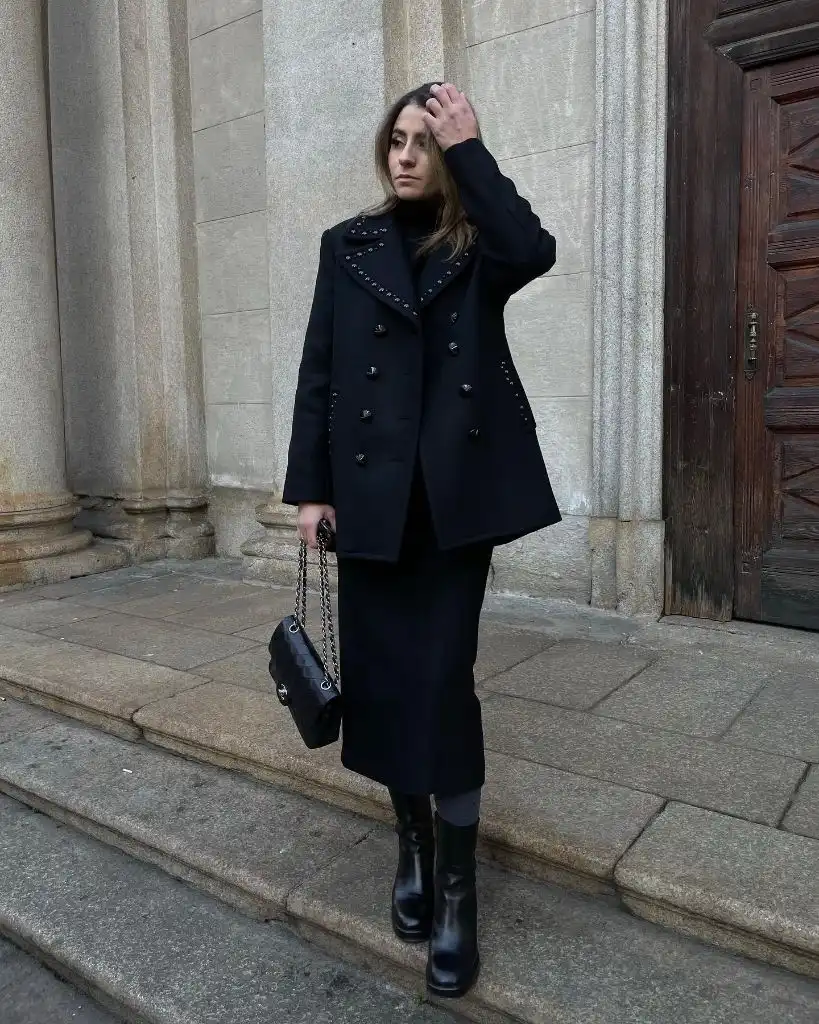 Midi Skirt Fall Outfit 2026 All-Black Studded Peacoat With Midi Skirt And Platform Boots