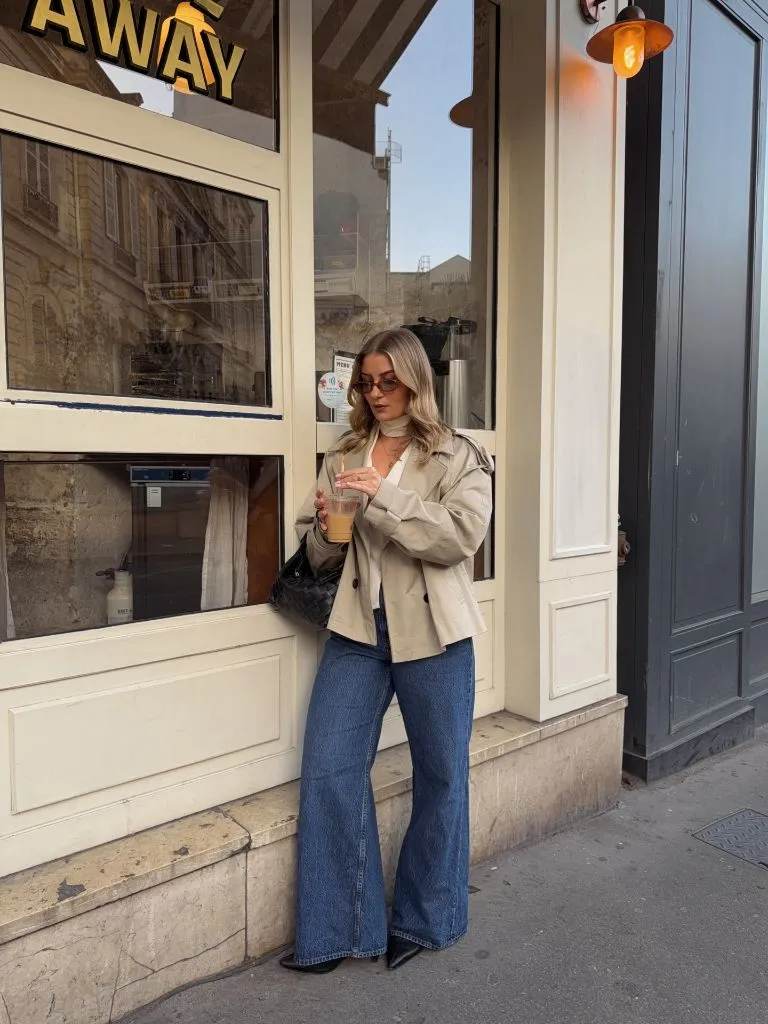 Wide Leg Jeans Outfit Fall 2026 Beige Trench Jacket With Dark Wash Flare Jeans