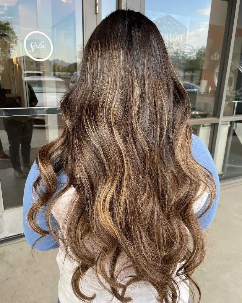 Fall Hairstyles for Long Hair 2026 Dark Brunette Balayage with Warm Caramel Ends