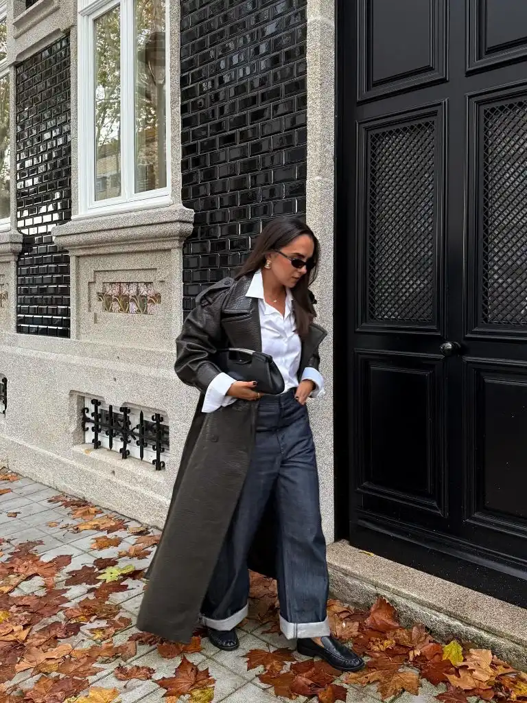 Fall Outfits for 2026 Long Leather Trench With Raw Denim Cuffs