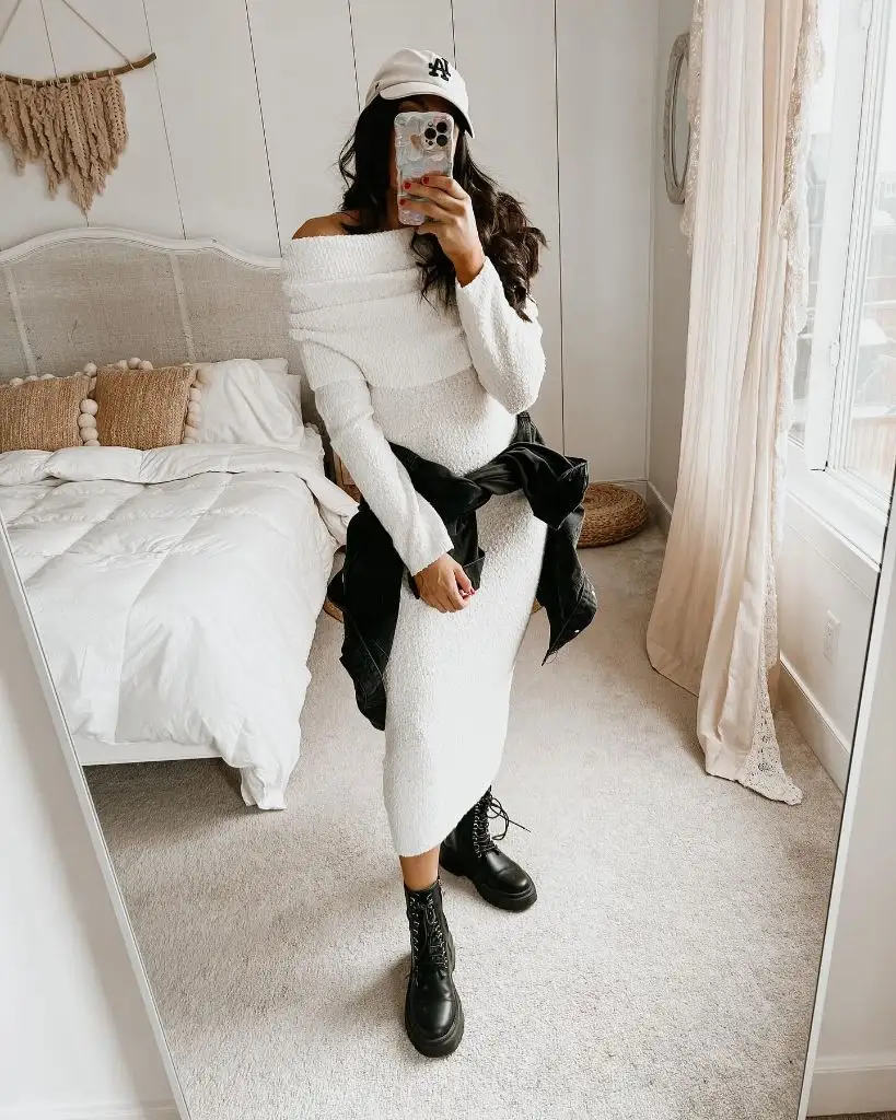 Fall Sweater Dress Outfits 2026 Off-Shoulder White Bouclé Midi With Combat Boots for Edge