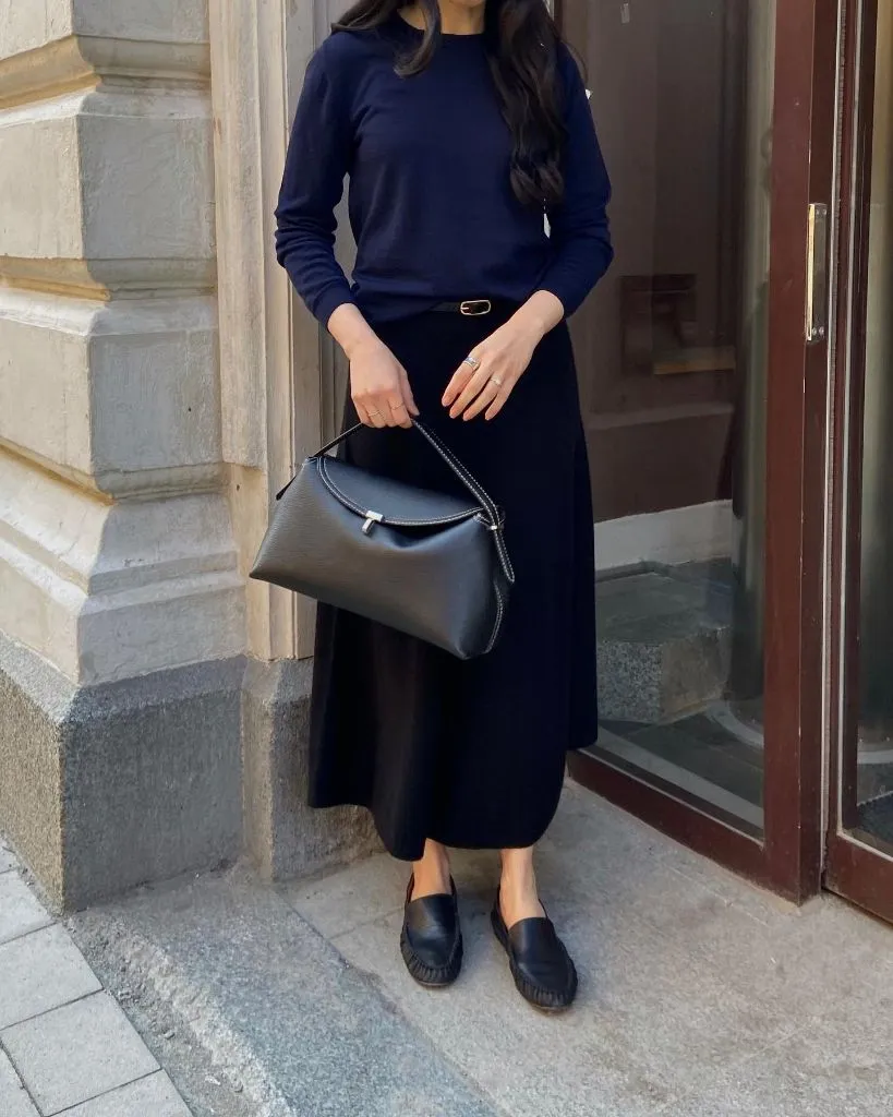 Midi Skirt Fall Outfit 2026 Navy Crewneck Sweater With Black Midi Skirt And Leather Loafers
