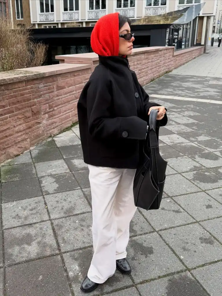 Fall Outfits With Peacoat 2026 Black Wool Peacoat With Red Headscarf and Cream Trousers