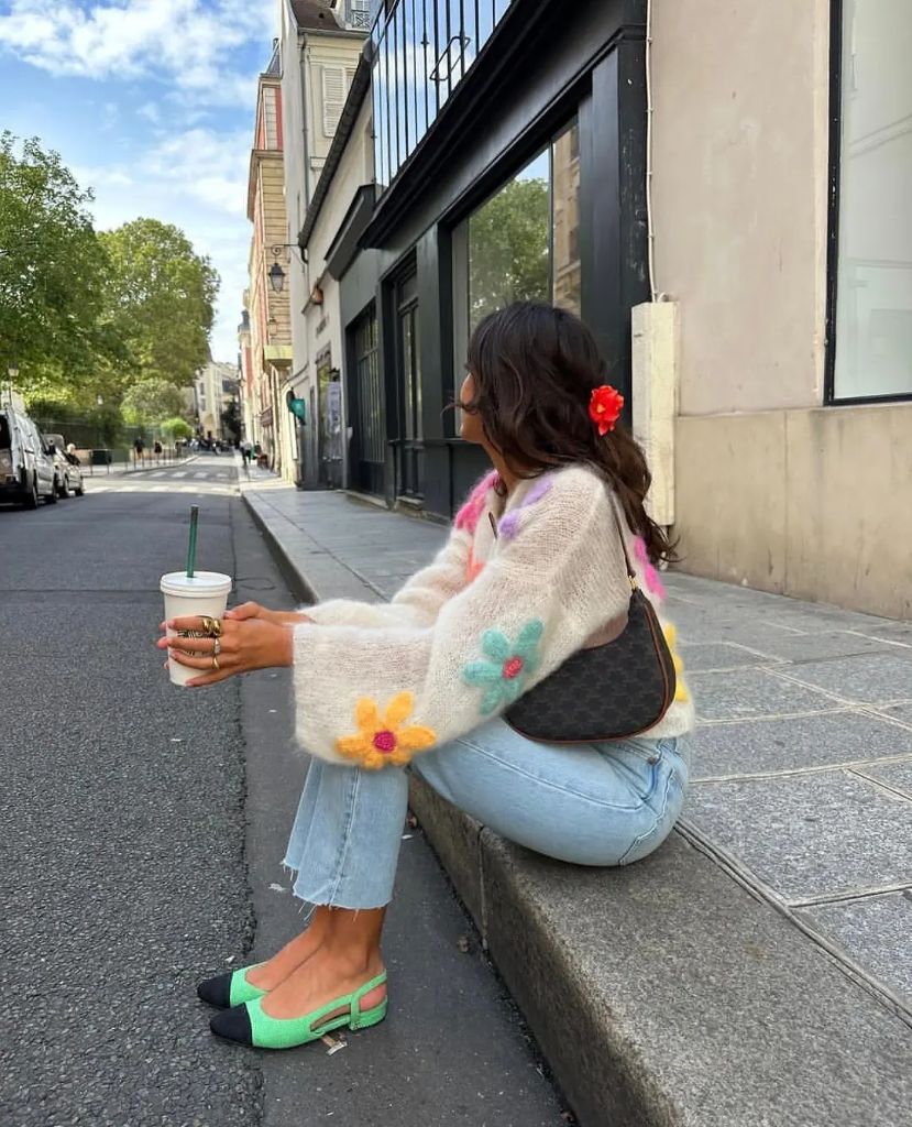 Comfy Fall Outfits 2026 Colorful Mohair Cardigan and Cropped Jeans for a Paris Curb