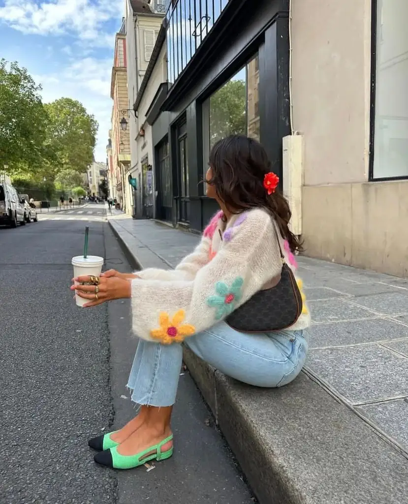 Comfy Fall Outfits 2026 Colorful Mohair Cardigan and Cropped Jeans for a Paris Curb