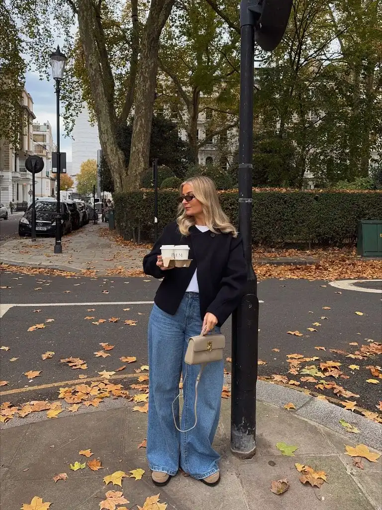 Wide Leg Jeans Outfit Fall 2026 Navy Cropped Jacket With Wide Leg Jeans and Ballet Flats