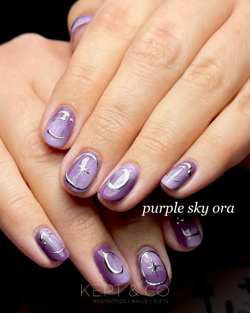 August Nails Color 2026 Purple Celestial Moon and Star Nails for a Dreamy August Night Aesthetic