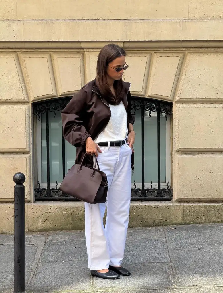 Fall Outfits for 2026 Chocolate Bomber Jacket With White Linen Ease