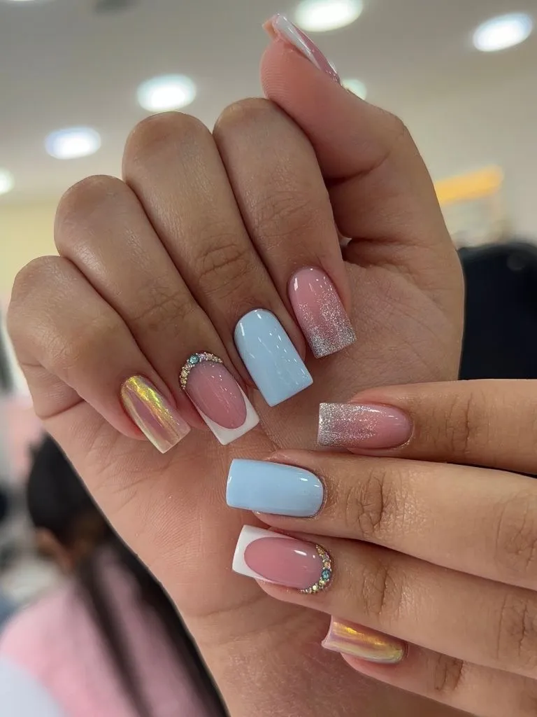 August Nails Color 2026 Pastel Mix French Tip Nails With Rhinestone Accents for a Dreamy August Set