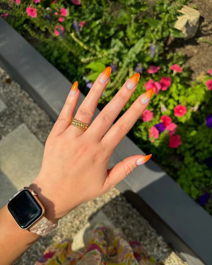 August Nails Color 2026 Orange-to-Lavender Ombré Nails for a Sunset August Vibe