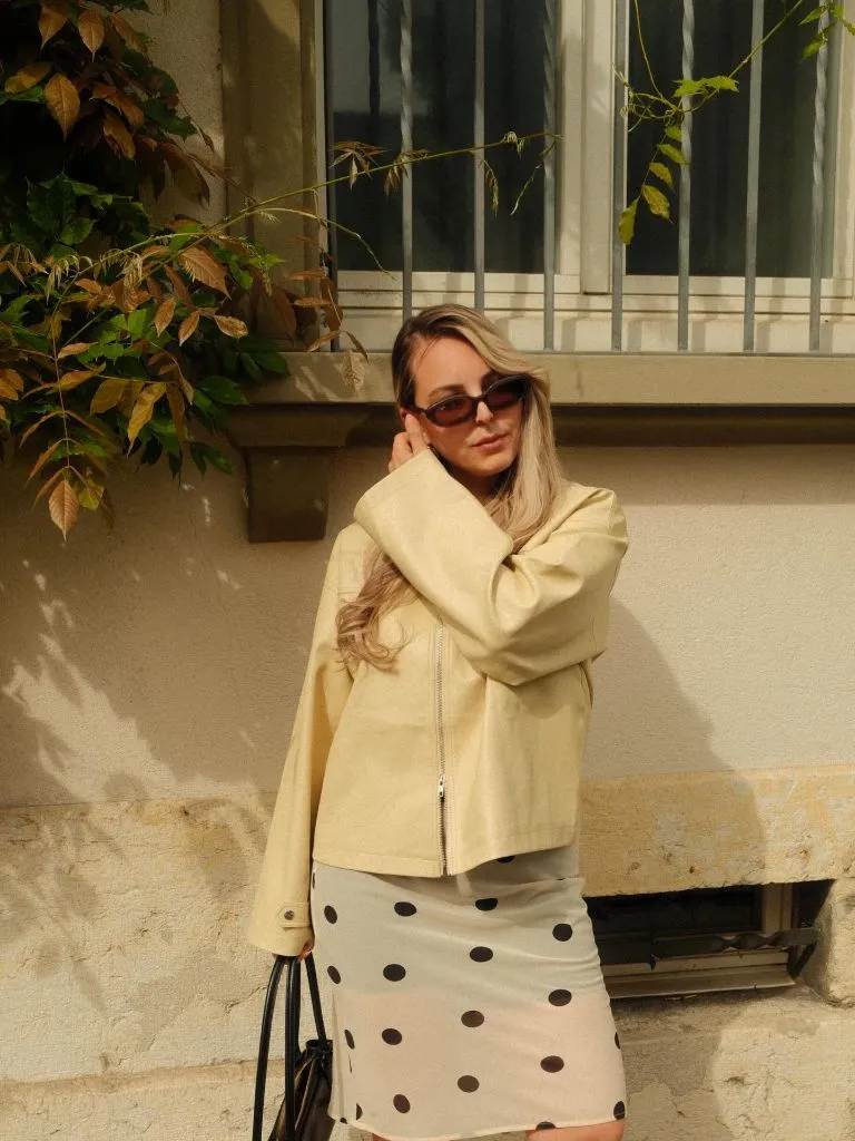 Nice Fall Outfits 2026 Butter Yellow Jacket With a Polka Dot Skirt for Early Autumn