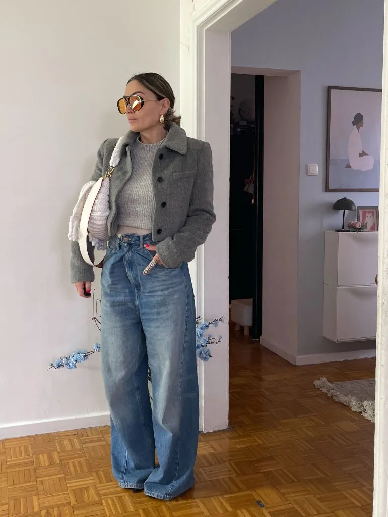 Wide Leg Jeans Outfit Fall 2026 Grey Cropped Wool Jacket With Balloon-Leg Jeans