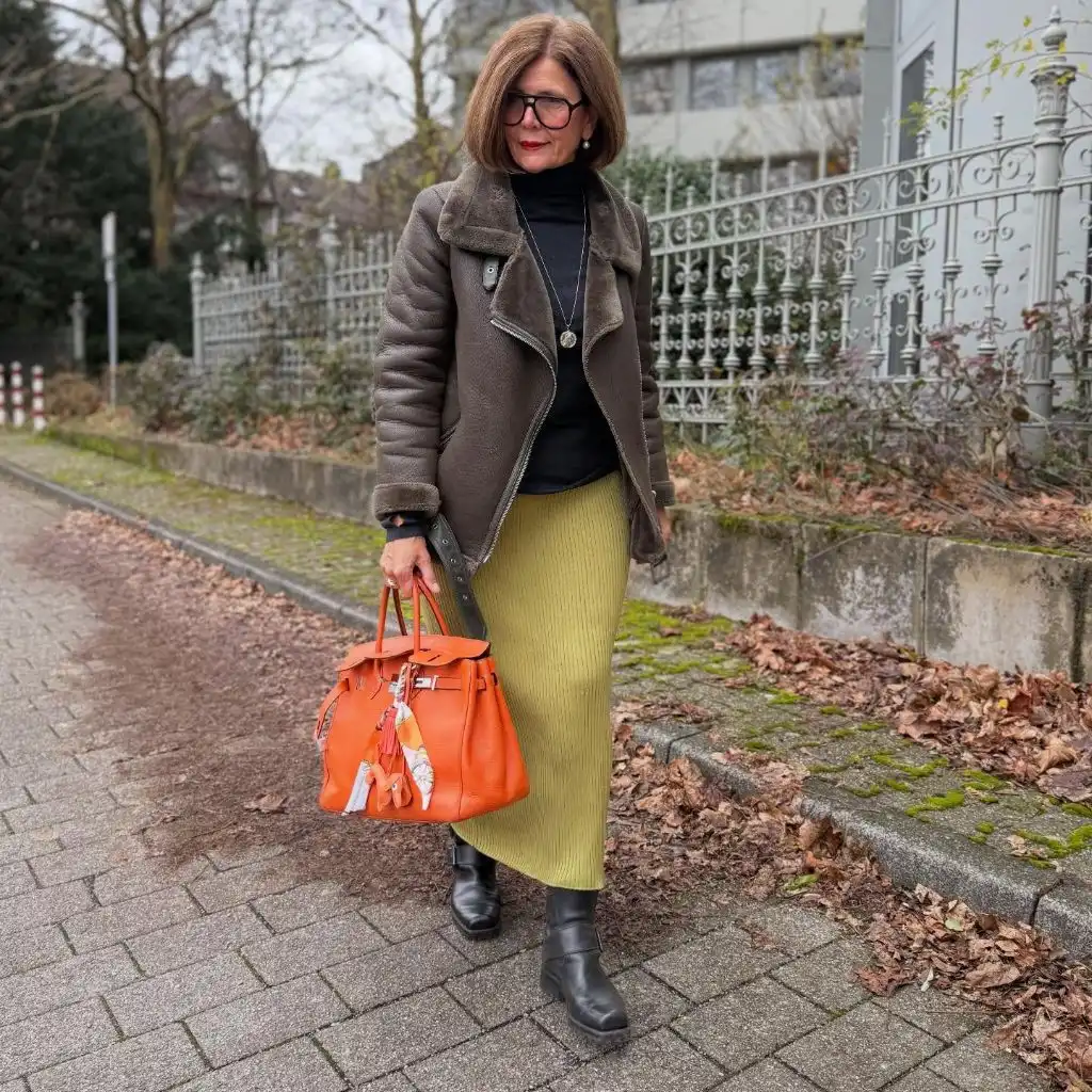 Knit Skirt Outfits Fall 2026 Chartreuse Ribbed Knit Midi With a Shearling Jacket for Unexpected Color