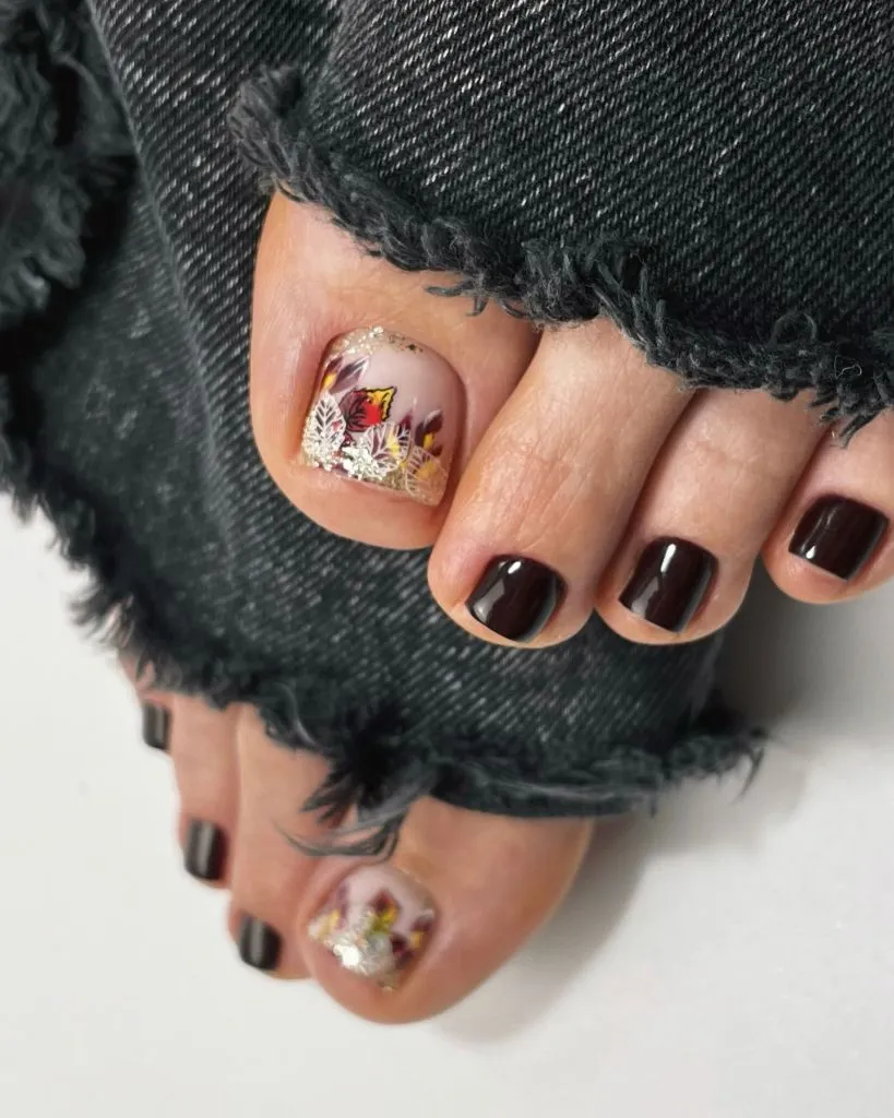 August Toe Nails 2026 Dark Chocolate Toes With Autumn Leaf Accent Art