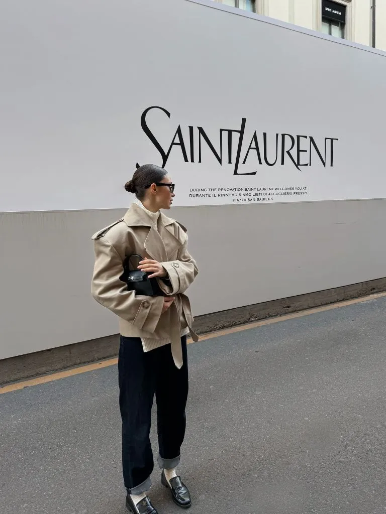 Fall Outfits With Peacoat 2026 Beige Peacoat With Dark Denim and Loafers in Milan