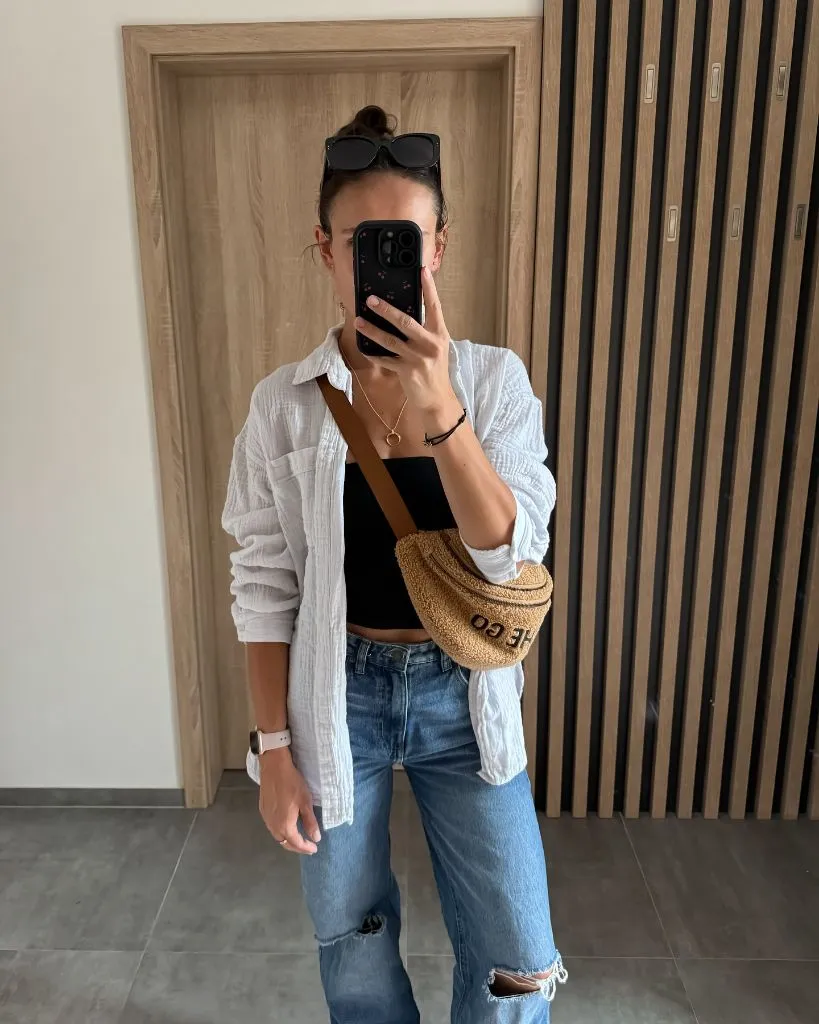 August Outfits 2026 Black Tank and Muslin Overshirt With Crossbody Bag Casual
