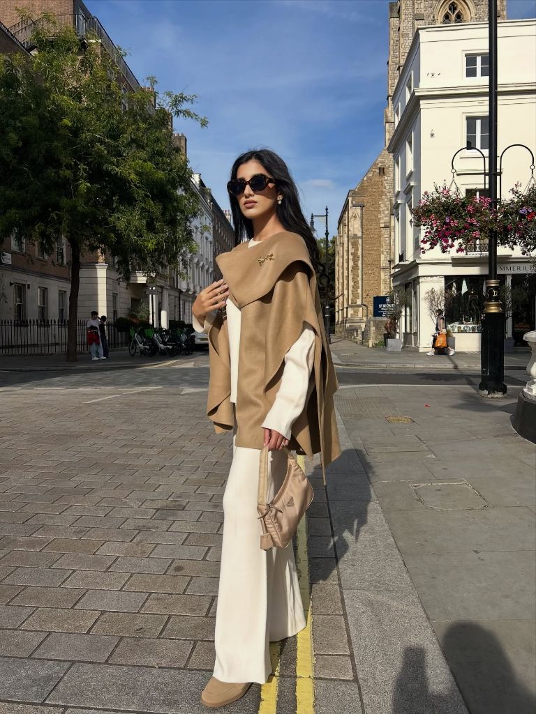 Fall Classy Outfits Women 2026 Camel Cape and Ivory Trousers for Sunlit City Blocks