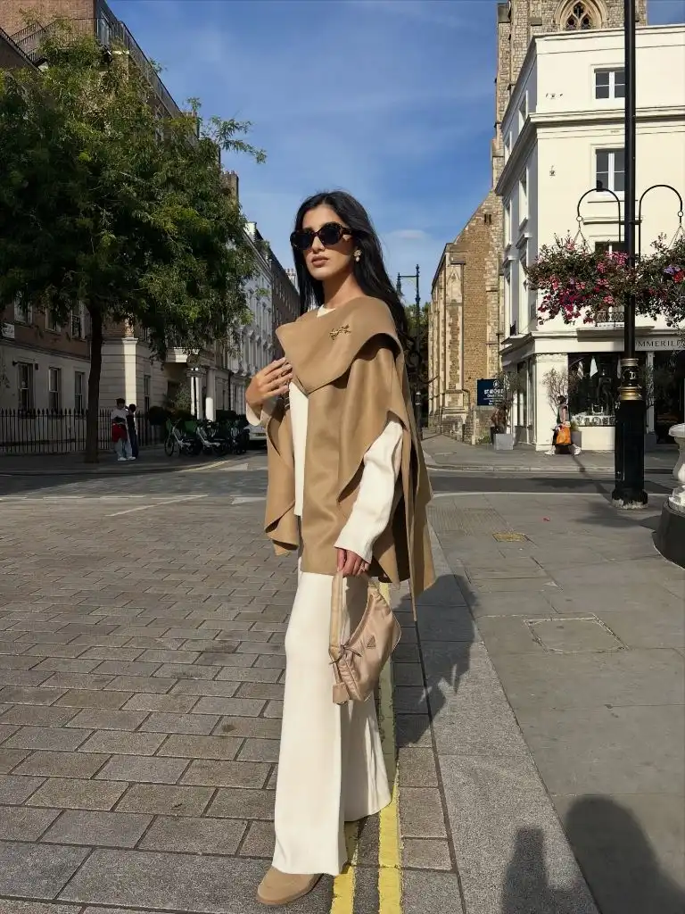Fall Classy Outfits Women 2026 Camel Cape and Ivory Trousers for Sunlit City Blocks