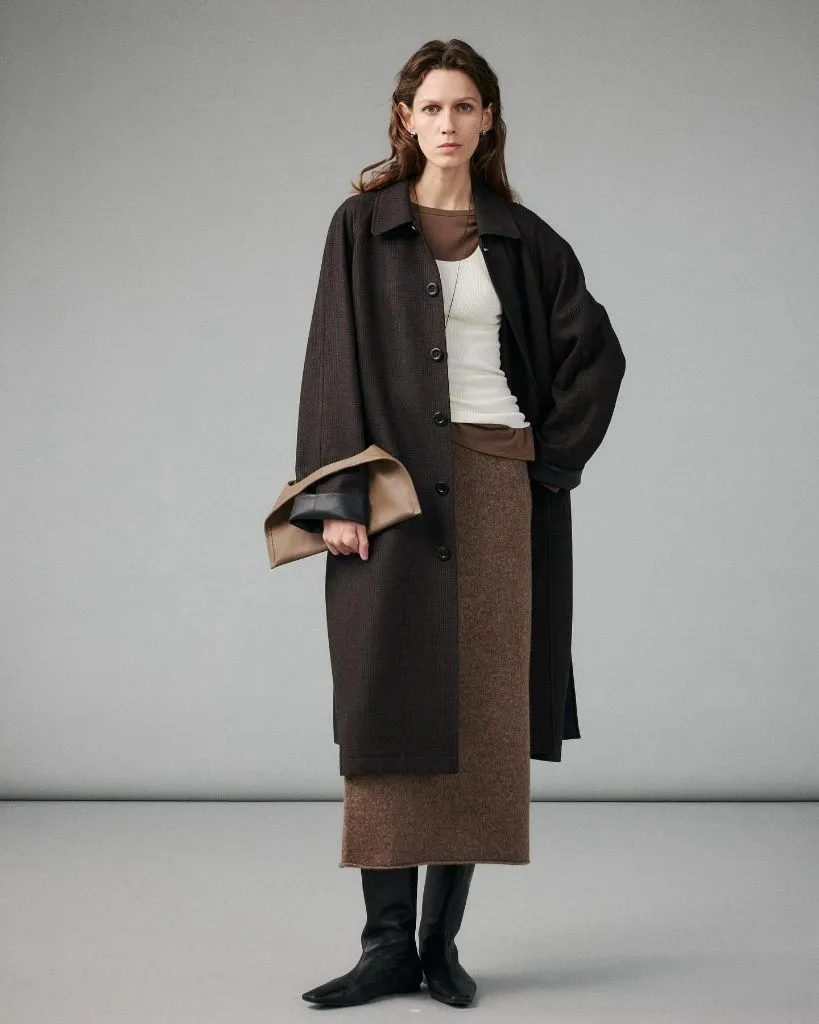 Knit Skirt Outfits Fall 2026 Brown Wool Midi Skirt With an Oversized Coat for Editorial Calm