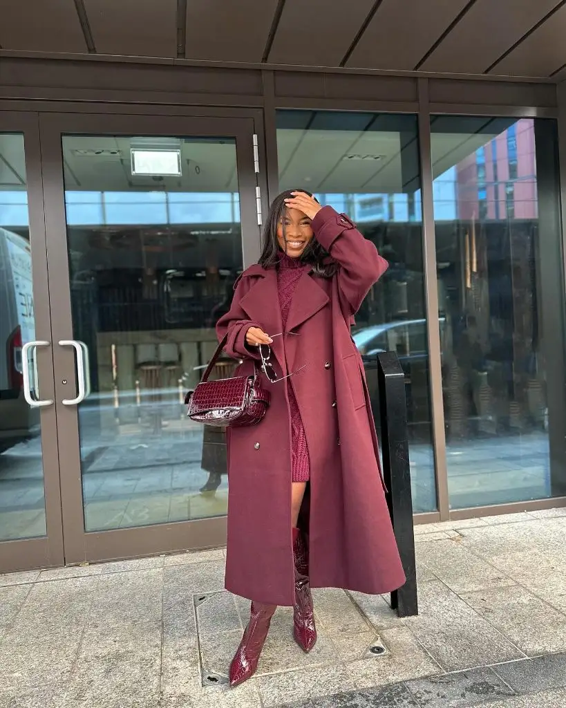 Coat Fall Outfits 2026 Burgundy Monochrome Trench With Croc Boots