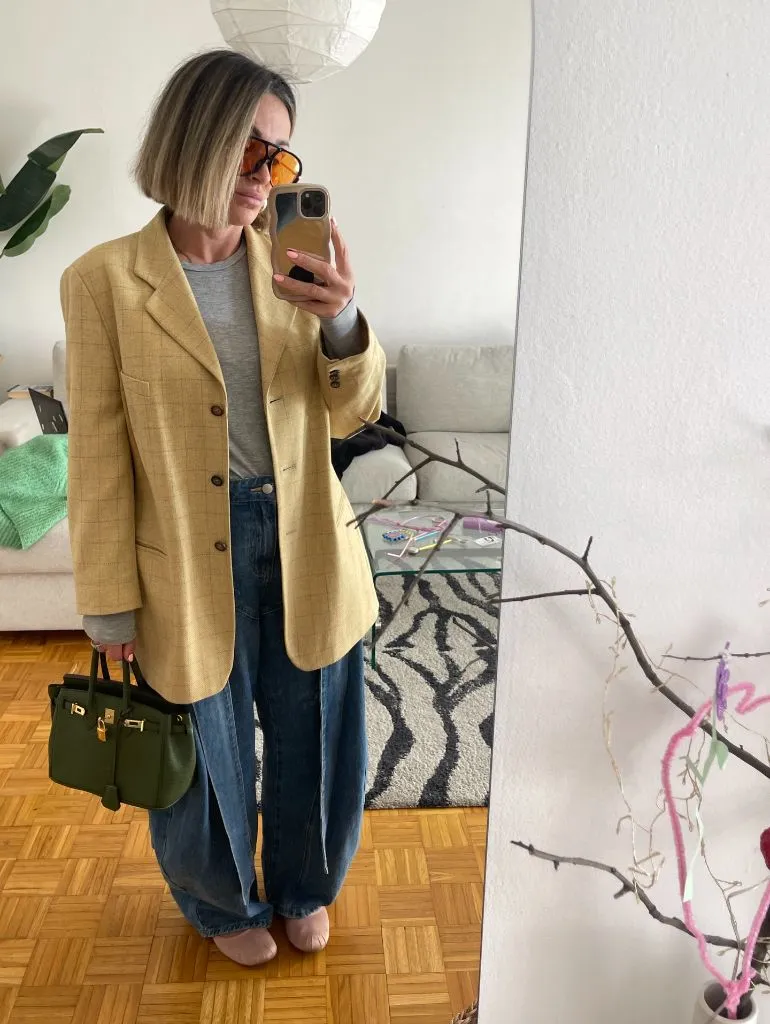 Wide Leg Jeans Outfit Fall 2026 Mustard Plaid Blazer With Dark Wide Leg Jeans