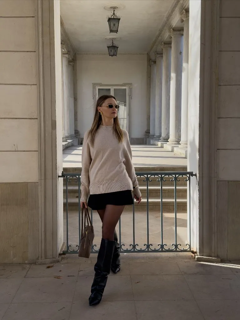 Early Fall Outfits 2026 Oatmeal Oversized Knit With Black Mini Skirt and Tall Boots