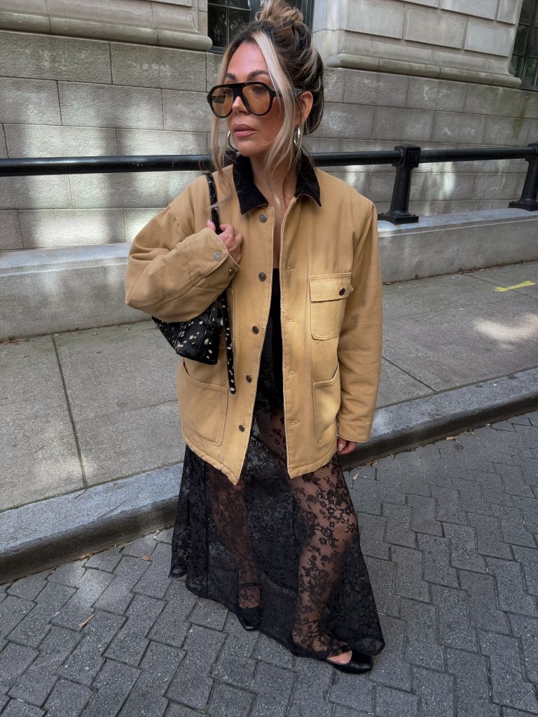 Early Fall Outfits 2026 Black Lace Maxi Skirt With Camel Chore Coat for Evening Edge