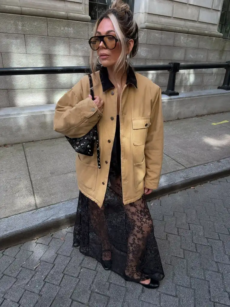 Early Fall Outfits 2026 Black Lace Maxi Skirt With Camel Chore Coat for Evening Edge