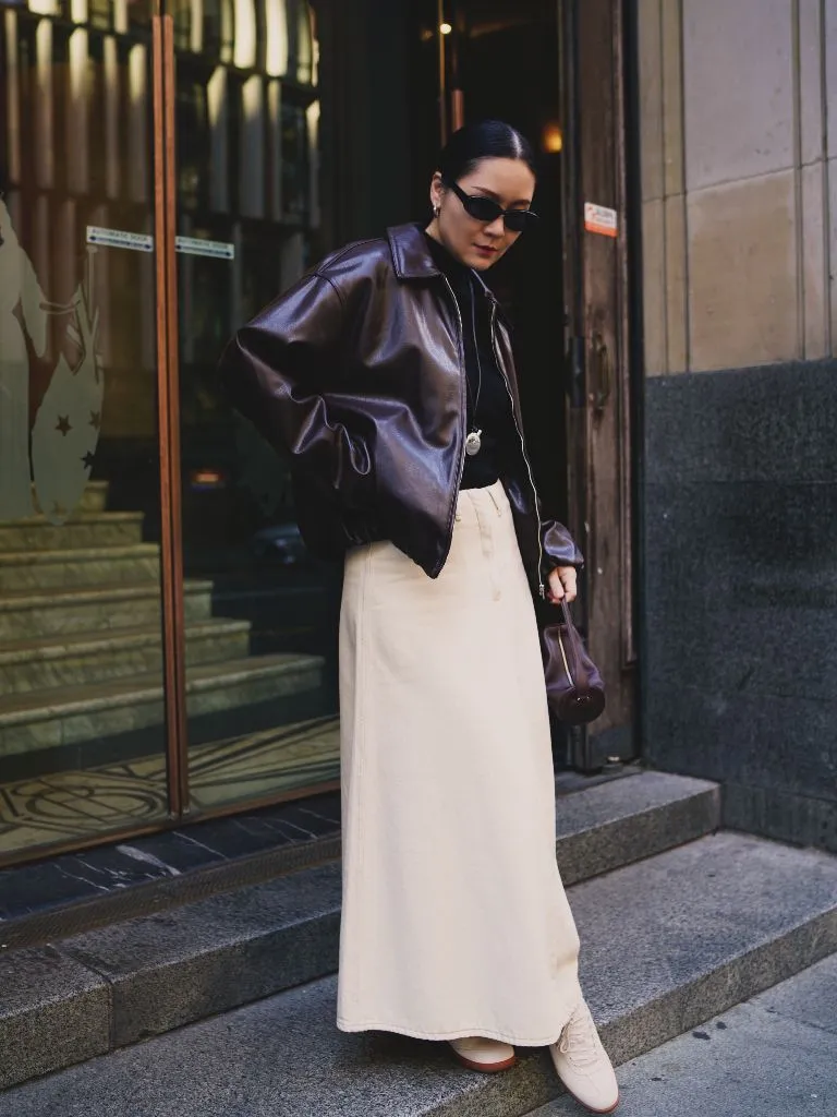 Nice Fall Outfits 2026 Dark Leather Bomber With Cream Maxi Skirt for City Strolls